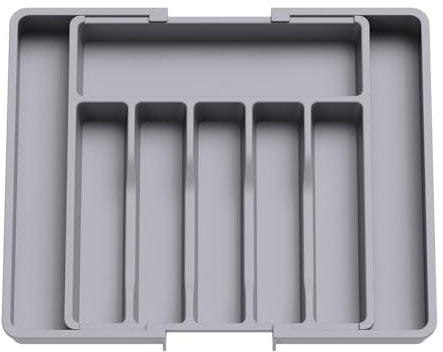 XIANTIAN Cutlery Drawer Organiser, Expandable Drawer Organiser ,Tray with 6-8 Compartment Holders, 33-57 x 38 x 5 cm (grey)