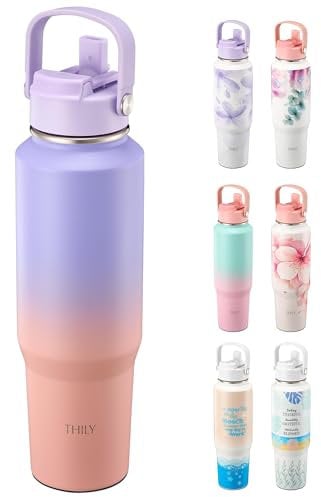 THILY Vacuum Insulated Stainless Steel Water Bottle with lid and Straw, 40 oz Wide Mouth Double Wall Sport Water Flask Keep Drinks Cold or Hot All Day, Leakproof, Lavender Dream