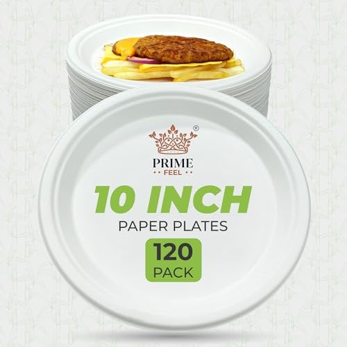 PRIME FEEL 10 Inch Disposable Paper Plates (120 Pack) - 100% Compostable Sugarcane Plates, Heavy-Duty & Eco-Friendly for Parties, Events, BBQs, Camping & Picnics