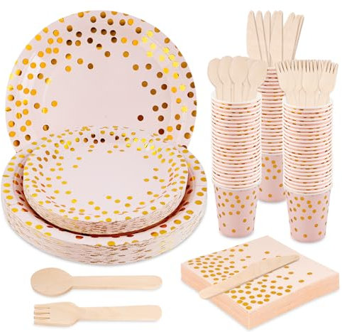 Anstore 200 Platos de Papel Rosa con Lunares Dorados Reutilizable, 25 Invitados Cubiertos con Tenedores, Cuchillos, Cucharas, Platos, Vasos Servilletas, Vajilla de Fiesta para Cumpleaños, Aniversarios