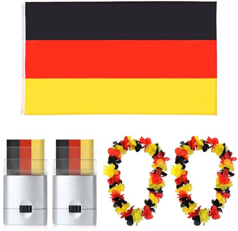 Deutschland Fanartikel Klassiker Set EM 2024 Fanartikel Deutschland Flagge 90x150cm Deutschland Kette Deutschland Gesichts Schminke Deko zur Europameisterschaft 2024 Fanartike (Set A)
