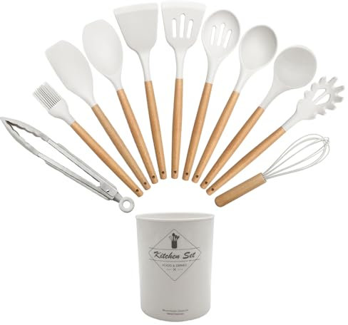 Silicone Kitchen Utensils Set with Wooden Handle, 12-Piece Silicone Cooking Utensils Non-Stick Heat Resistant Cookware, BPA-Free, Stirring Kitchen Tools Set, Spoon, Tongs, Whisk, Brush, Spatula-White