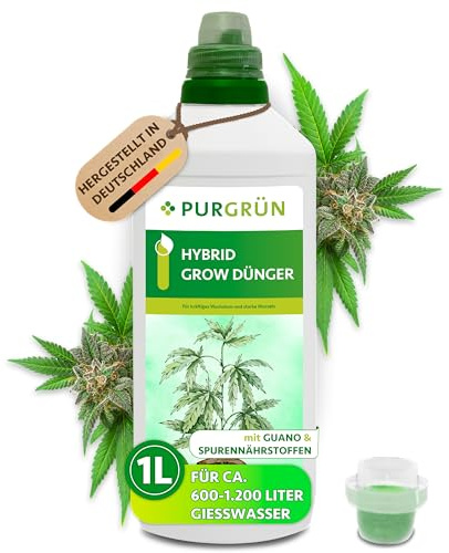 Purgrün® Hybrid-Grow-Dünger 1 Liter – Schnell wirksame organisch-mineralische Rezeptur – Flüssigdünger für Indoor & Outdoor – NPK 7+5+6 – Wachstumsdünger in Premium-Qualität – Mit Guano & Magnesium