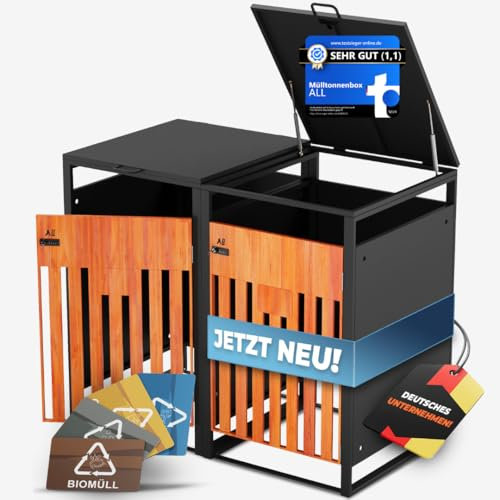 ALL Premium Mülltonnenbox 2er – Abschließbar, wetterfest & edle Holzoptik, für Garten, Hof & Straße, beliebig erweiterbar, legierter Stahl robust & langlebig