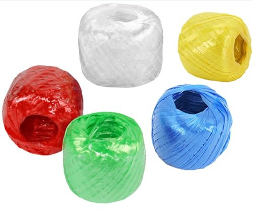 Lot de 5 ficelles de corde en plastique et nylon polyester, 4 cm de largeur et 75 m de long, pour emballage de jardinage, travaux manuels, 5 couleurs