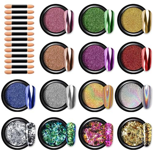 BISHENGYF Gold & Silver Holo Chrome Nail Powder, Shiny Nail Glitter, Pink Chameleon Flakes for Nail Art & Salon DIY - 14PCs