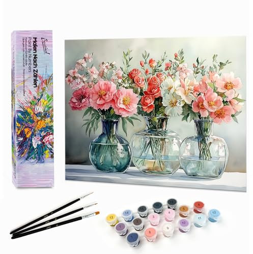 Bougimal Peinture par Numéro Adulte Paysages avec Pinceaux et Acryliques Bricolage Peintures Kits, pour la Décoration Intérieure maison, Fleurs 6 28x35cm(sans Cadre)