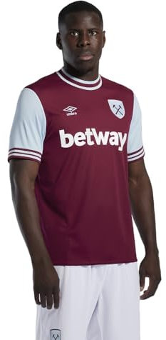 Umbro Maillot domicile West Ham United FC pour homme 24/25, Rouge bordeaux/bleu ciel, S