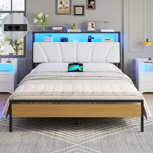 Brinlawb Bett 140x200 mit Lattenrost aus Metall, Bettgestell 140x200cm mit LED Beleuchtung Metallbett 140x200 mit Kopfteil & Ladestation(2 AC-Steckdosen,2 USB-Anschlüsse) Doppelbett, Braun+Weiß