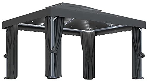 ShGaxin Tonnelle avec rideau et bande lumineuse LED, tonnelles pour extérieur, tonnelles de jardin, tonnelles pour terrasse, pergolas de jardin, aluminium anthracite 4 x 3 m