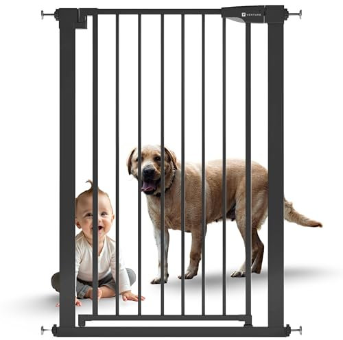Venture Q-Fix 110cm, 73-80cm wide pressure fit baby gate extra tall safety gate for stairs. Easy Assembly Toddler and pet safety gate. 90° two way open, auto close. (BLACK, QFIX GATE 73-80)