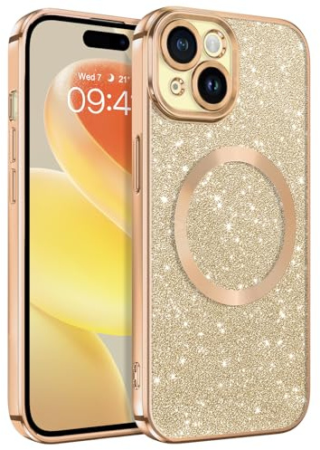 GaoBao für iPhone 15 Hülle Glitzer, Handyhülle iPhone 15 Glitzer für MagSafe, Keine Vergilbung, Kratzfeste, Dünn Weiches TPU Stoßfeste Ganzkörperschutz Schutzhülle für 6.1 Case, Gold