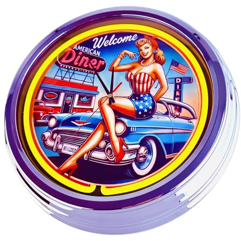 US-Way.de American Diner Nr.5 WallClock Deko-Clock – 44 cm Durchmesser, Deko-Wanduhr ohne Tickgeräusche und gut lesbares Display, USA 50er-Jahre-Stil Neon-Uhr für Küche, Wohnzimmer, Büro (Gelb)