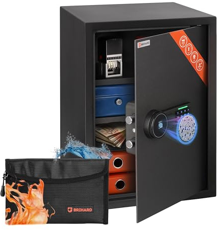 Brihard Business XL Safe Tresor 50x35x36cm für Zuhause mit Fingerabdruck Sensor inkl. feuerfeste Dokumententasche mit 2 anpassbaren Einlegeböden, Tresor 60L für A4 Dokumente, als Geldversteck & Mehr
