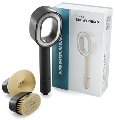 NU Aqua Handgefilterter Duschkopf – Schwarz – Hochdruck-Duschfilter schützt Haar und Haut – reduziert Haarausfall, Schuppen und trockene Haut – weicher Bürstenkopf und schäumender Schwamm-Peeling