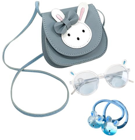 CHUNLINLAODA 4PCS Niedlicher Hase Mädchenhandtaschen set Mädchenhandtaschenset Kinderschmuckset mit Tier Ohren Sonnenbrille Haargummi mit Hase Kinderhandtasche Crossbody Taschen für Kinder (Blau)