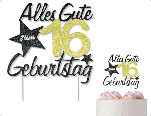 Emezddo Happy 16th Birthday Tortendeko,16 Jahre Alles Gute zum Geburtstag Kuchendeko,Glitter Cake Topper,verwendet für Junge Mädchen Themenparty Jahrestag(Schwarz)