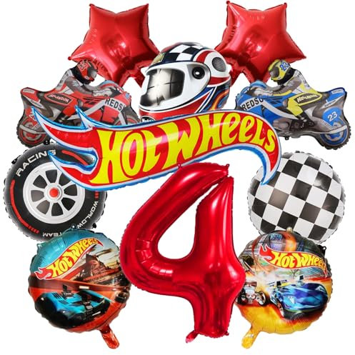 Cars geburtstagsdeko, 11 PCS Rennwagen Folienballons 4 Jahre Junge Helm, Rennauto Ballons, Motorrad, Schwarz-weiß karierte Rennauto Folienballons Set