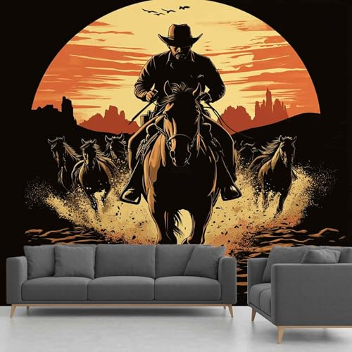 Tapete Western Cowboy 400x280 cm - Wild West Vliestapete Schlafzimmer Wohnzimmer, Galoppierendes Pferd Selbstklebend Tapete Wandtapete Wand Dekoration Fototapete