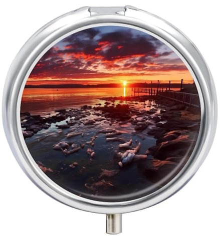 Sunset Pill Box Cute Round Pill Case Portable Medicine Tablet Vitamin Holder Organizer for Purse Pocket