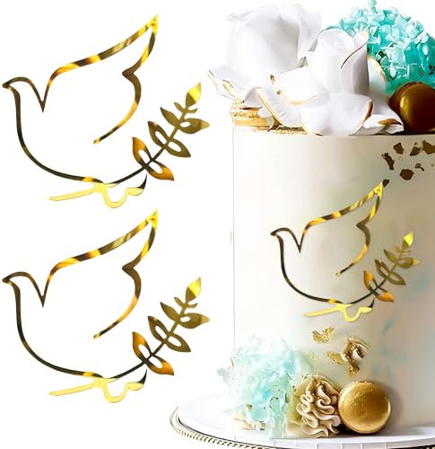 2 Stück Tortendeko Kommunion Tortendeko Taufe Kuchendekorationen mit Taube Erstkommunion Deko Dekoration Engel Kuchen Geeignet zur Dekoration von Taufe, Hochzeit, Geburtstagsfeier（Gold)