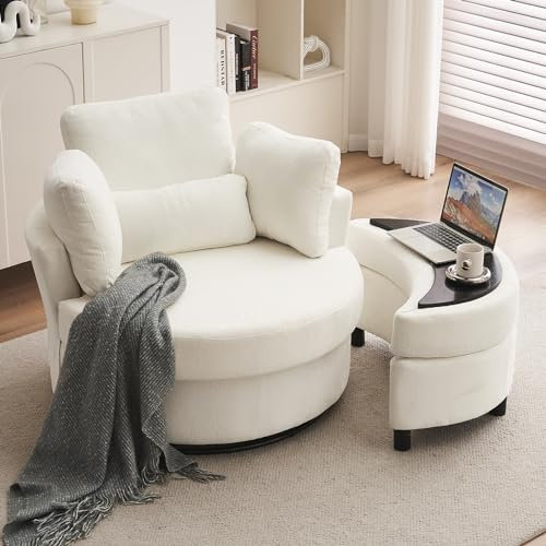 DEKKETO Swivel Cuddle Sofa Chair With Footstool Set, Chenille Single Tub Chair With Four Pillow, Accent Round Armchairs With Thick Cushion For Adults, Snuggle Barrel Chair For Living Room, Ivory