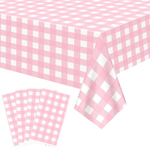 FuenteOrilla 4 nappes à carreaux roses et blanches, imperméables, rectangulaires, pour pique-niques, anniversaires, mariages, camping, vacances, fêtes de Noël, 132 x 218 cm