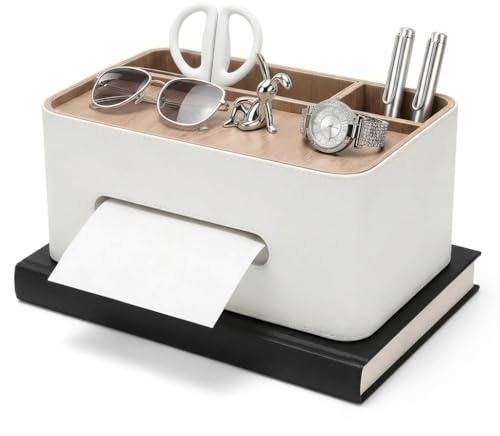EAAGHK Taschentücher Box Spender, 21,5 x 17 x 12 cm Taschentuchspender mit Fach und Holztablett Rechteckig Leder Taschentuchbox Kosmetiktücherbox Schreibtisch Aufbewahrungsbox für Wohnzimmer Büro Weiß