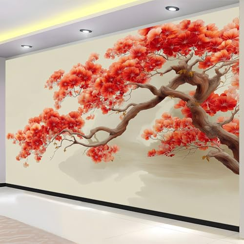 Vliestapete Landschaft Baum Rote Blätter Minimalistisch Modern Wandbild für Wohnzimmer Schlafzimmer Erwachsene Jugendliche - Vlies Fototapete - 400 x 280 (B x H)