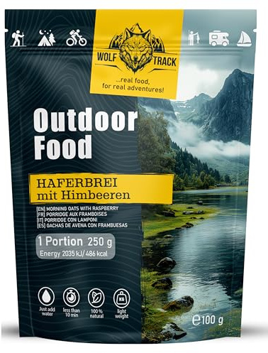 Wolftrack Haferbrei mit Himbeeren - Gefriergetrockneter Outdoor-Haferbrei | Süßes Trekking Dessert & Camping Frühstück, Leicht & Cremig, Mit Fruchtigen Himbeeren, Sofort mit heißem Wasser zubereitet