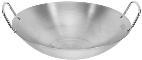 KJHBV Wok de Acero Inoxidable 28 Cm Fondo Redondo y Doble Asa, Sartén Multifuncional para Cocina Doméstica E Inducción, Adecuado para Freír y Saltear en Hogar y Exteriores