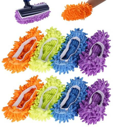 M-jump 8 PCS 4 Pairs Duster Mop Slippers Cover, Multi Function Chenille Fibre Washable Dust Mop Floor Cleaning Shoes for Bathroom, Office, Kitchen, House Polishing