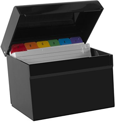 OSCO Black Hi-Gloss Plastic Index Box, Small, A to Z Divider Tabs, 100 Lined Note Cards, 5 x 3, Ruled Revision Flash Cards, Recipe Notes, Contacts Filing, Desktop Organiser, 127 x 76 mm