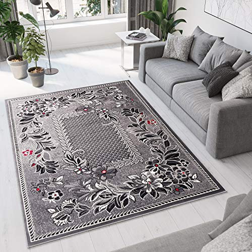 TAPISO Dream Teppich Wohnzimmer Kurzflor Grau Rot Creme Schwarz Floral Blumen Blätter Karo Bordüre Schlafzimmer Küche ÖKOTEX 250 x 300 cm