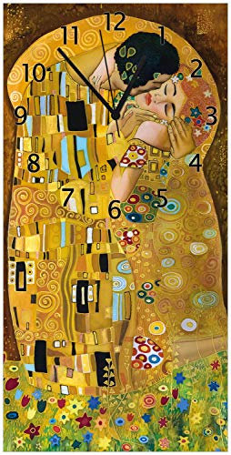 Wallario Design-Wanduhr, Acrylglasuhr Größe 30 x 60 cm, Schwarze Zeiger, Motiv Der Kuss von Klimt