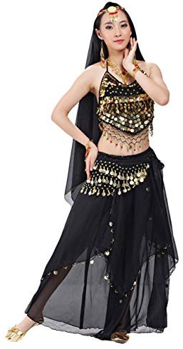 G-LIKE BellyQueen Tanz Kostüm Bauchtanz Kleid - Orientalischer Tanz Arabisch Sexy Professionelle Farbenreiche Kleidung Set Outfit für Tänzerin Damen - Chiffon - 5 Stück (Schwarz)