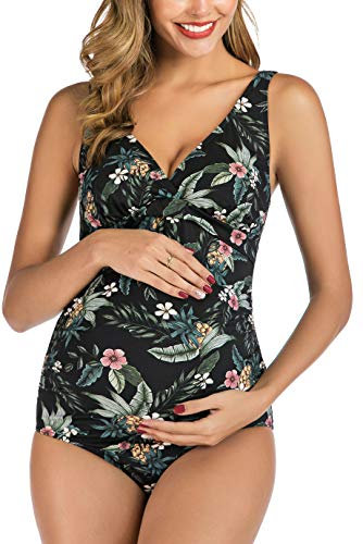 EastElegant Maillot de Bain Une pièce pour Femme Enceinte, Motif Floral, col en V (Floral Noir, XX-Large)