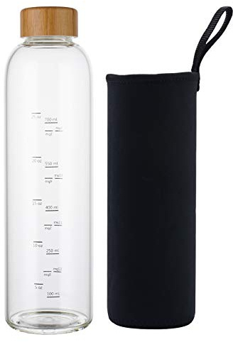 sunkey Glas-Wasserflasche mit Zeitmarkierung, Bambusdeckel, Neopren-Hülle für unterwegs, Reisen, Fitnessstudio, Zuhause, wiederverwendbar, umweltfreundlich, BPA-frei, 900 ml, Schwarz