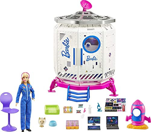 Barbie Space Discovery Coffret Station Spatiale avec poupée Astronaute, Figurine Chiot, fusée et Accessoires, Jouet pour Enfant, GXF27