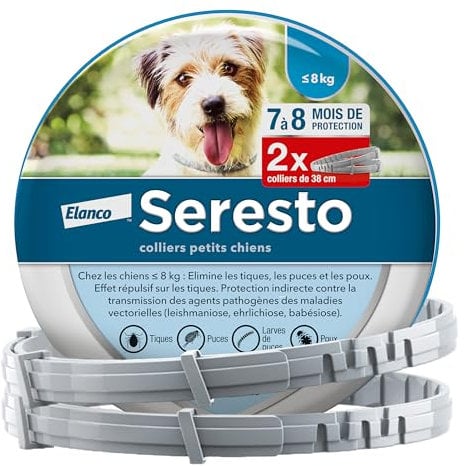 Seresto Collier Petits Chiens – 2 Colliers anti puces et anti tiques pour petits chiens de moins de 8 kg – Collier Seresto pour chien 7 à 8 mois de protection, réduit le risque de leishmaniose – Gris