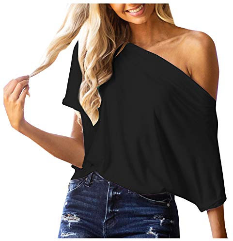 Betory Women's Off Shoulder Tops Short Sleeve Summer Boat Neck Pullover Casual Loose Tunic Blouse Shirt Black