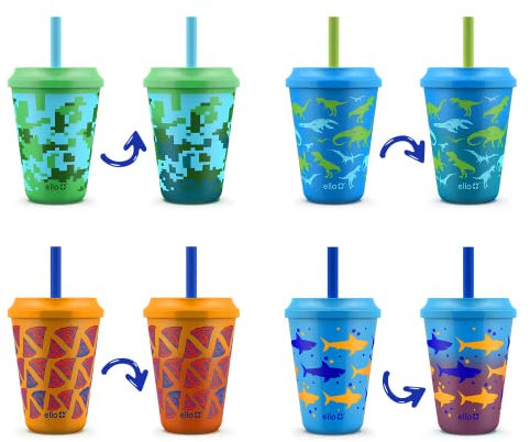 Ello Lot de 4 gobelets réutilisables en plastique pour enfants avec couvercles à visser et paille, motif caméléon changeant, 355 ml (forêt tropicale)