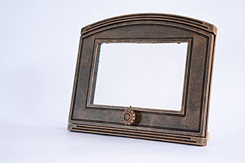 SEZAM Porte de four en fonte avec vitre en verre résistant à la chaleur, porte de four à pizza - four à pain - porte de four en pierre, 37 x 6 x 31,5 cm - demi-cercle, peinture cuivrée