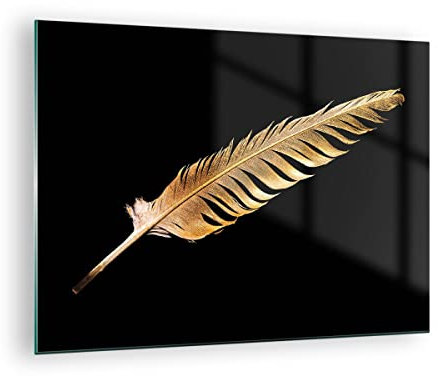 Bilder auf Glas Golden Feder Schwarz Glasbild 70x50cm Wandbilder Dekoration Wohnzimmer Schlafzimmer Küche Deko Klein Wanddeko Bild im Glas Wand Kunstdruck Art Modern Wall Decor Glasdruck GAA70x50-4887