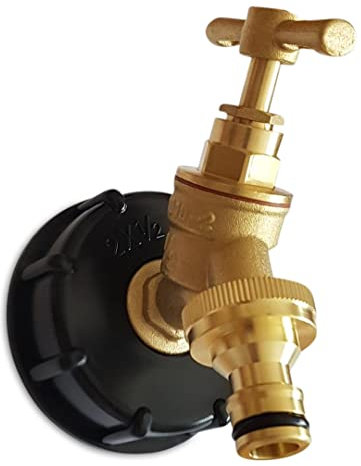 IBC Tank Adapter Hose Connector – S60X6 Brass Garden Tap with Click-Lock Hose Fitting – Heavy Duty Coarse Thread PTFE Tape Included – Easy Installation – Snap On Male Outlet. Set by MYPURECORE