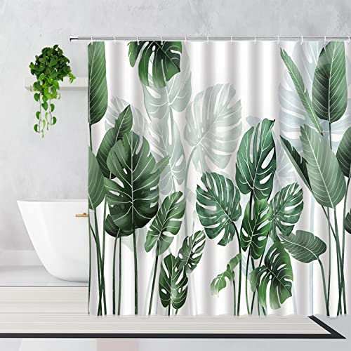 YAZHULUCK Tropische Monstera Duschvorhänge Grüne Pflanzen Blätter Kreatives Design Moderne Einfache Nordische Wohnkultur Badezimmervorhang Set Haken 240x180cm(94.49x70.87in)