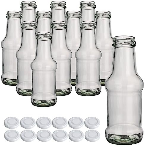 gouveo Lot de 12 bouteilles en verre de 250 ml avec couvercle à vis TO38 Blanc – Petite bouteille en verre 0,25 l avec bouchon à vis – Bouteille vide pour barbecue à remplir avec du ketchup