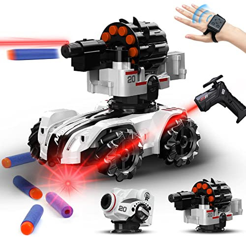zootop Ferngesteuertes Auto, 2,4 GHz, Gesture RC Car 360 °Rotation, Drifting 4WD Battle Stunt Car 2 austauschbare Turm Musik Fernbedienung Tank Blow Bubble Shoot Schaumstoff Darts Spielzeug Geschenke