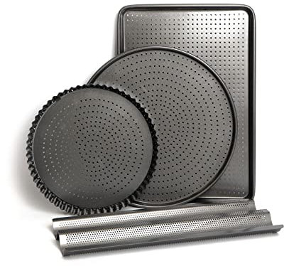 MasterClass Crusty Bake Set Non-Stick Set, Includes Flan/Quiche Tin, Pizza Crisper, Baguette Tray and Baking/Cookie Tray