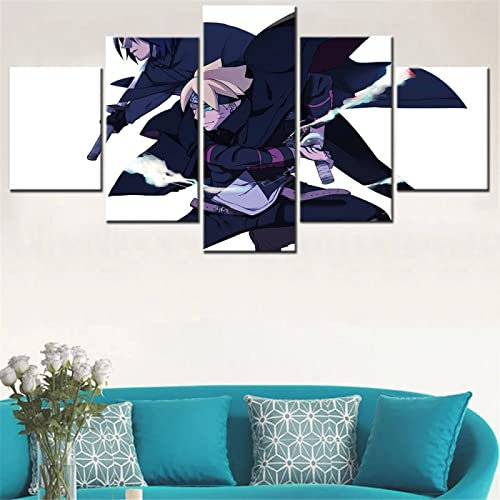 VEYEBZ 5 Stück Gerahmte Leinwand Malerei Kunst Abstrakte Modulare Poster 100×50Cm, Anime Naruto Boruto, Sasuke Familie Schlafzimmer Wohnzimmer Dekor Möbel Hd Wandbild Drucken Geschenk